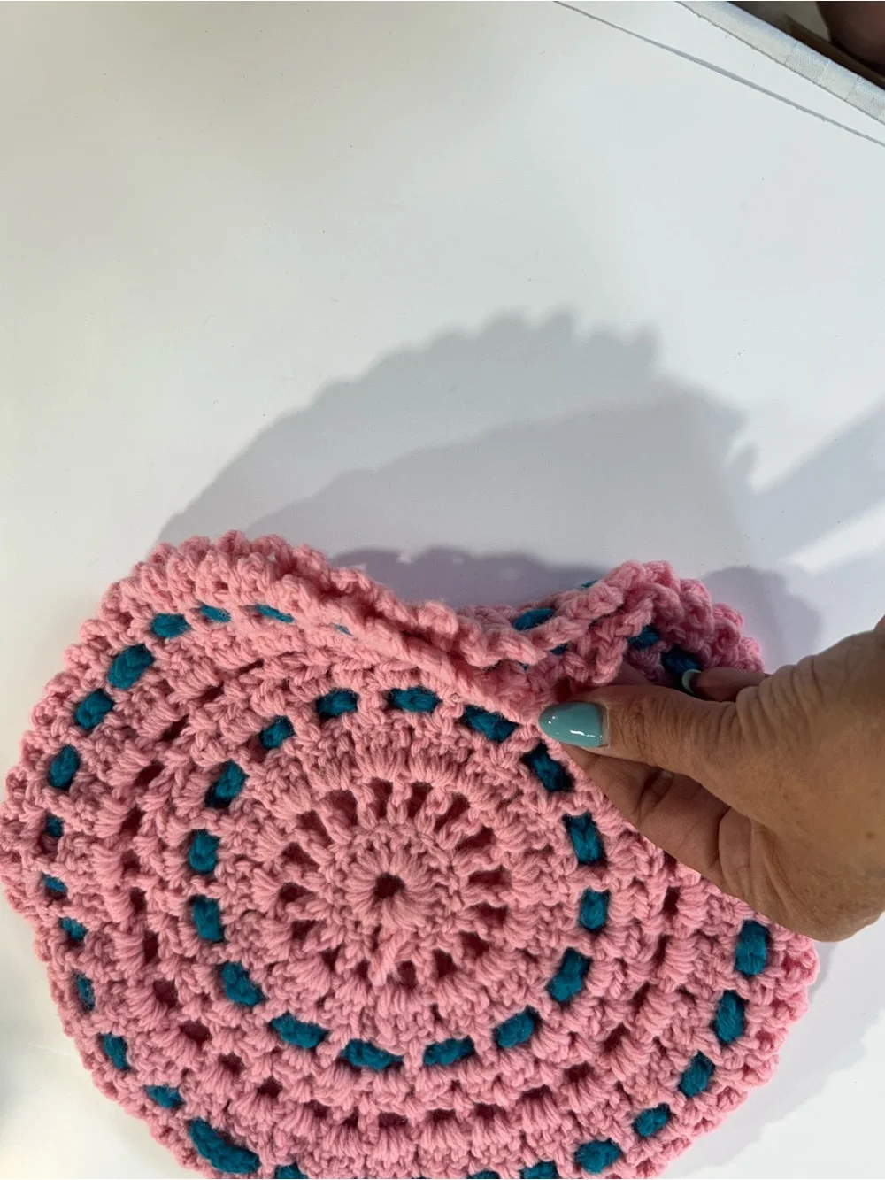 Handmade Pink Crochet Hotpad with Teal Accents